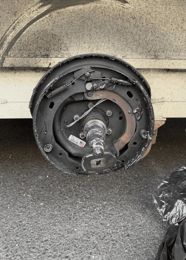 Freshly serviced electric drum brake assembly on a trailer